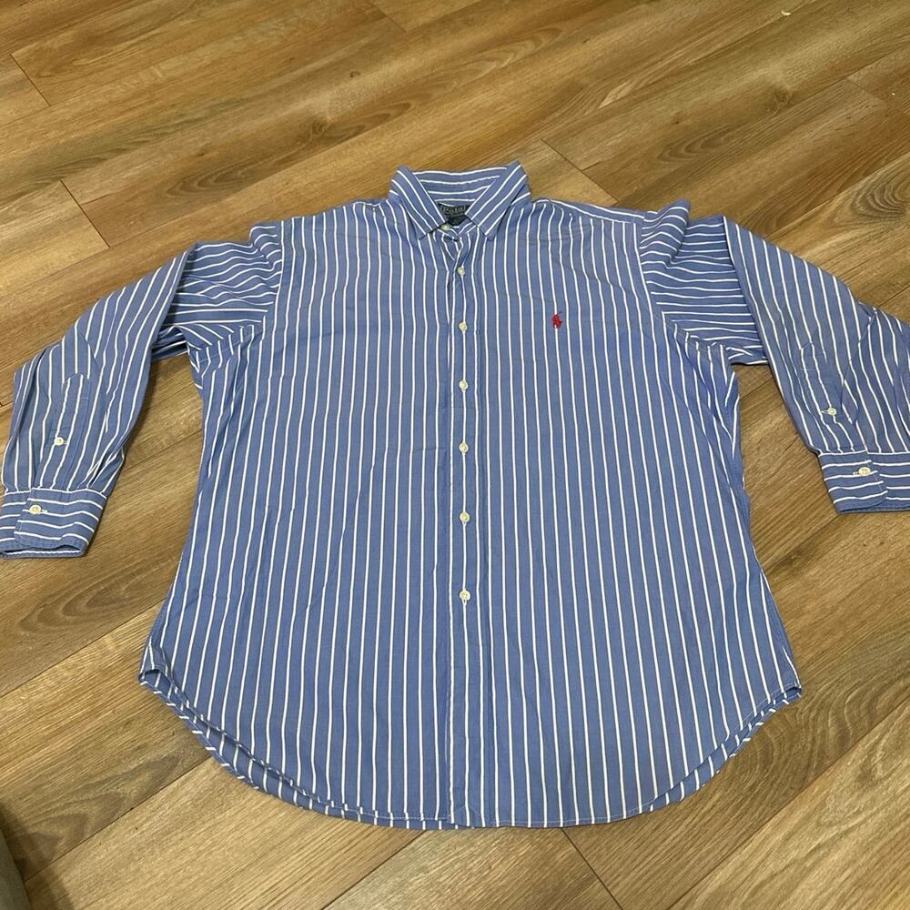 Polo Ralph Lauren Andrew Mens-size 16 32/33
Blue w/white stripes Red Pony logo